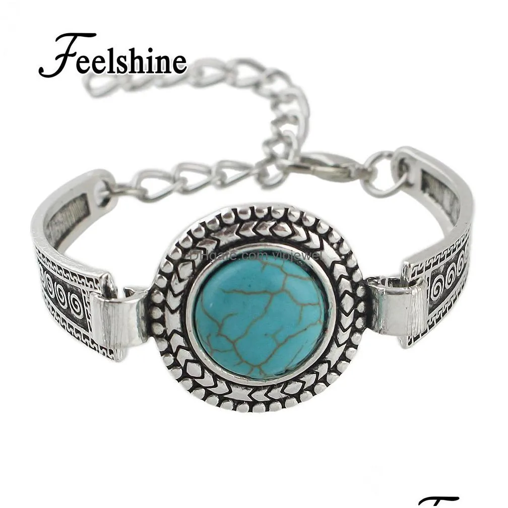 wholesale jewelry bohemian style antique silver color chain with round blue stone charm bracelets bangles for women jewelry bijoux