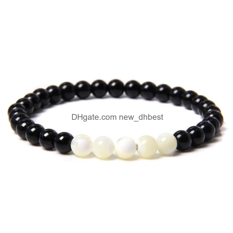 strand white natural mother of pearl shell bracelet black 6mm bead elasticity boho male female various exquisite jewelry gift
