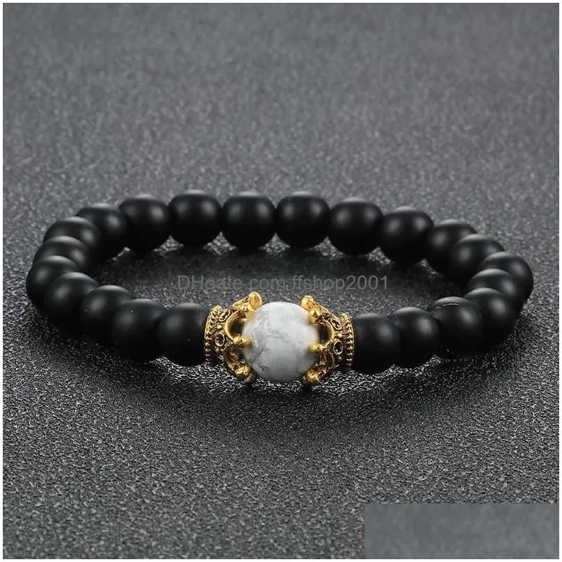 strand 8mm tiger eye stone black onyx bracelet for men fashion gold color king crown natural lava rock beads bracelets jewelry
