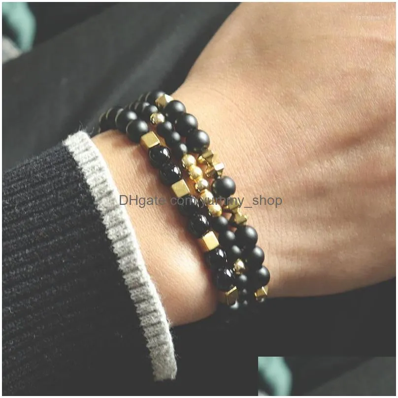 strand 3pcs/set fashion mens bracelet 4/6mm natural matte stone black/gold/silver color hematite beaded braclet homme handmade