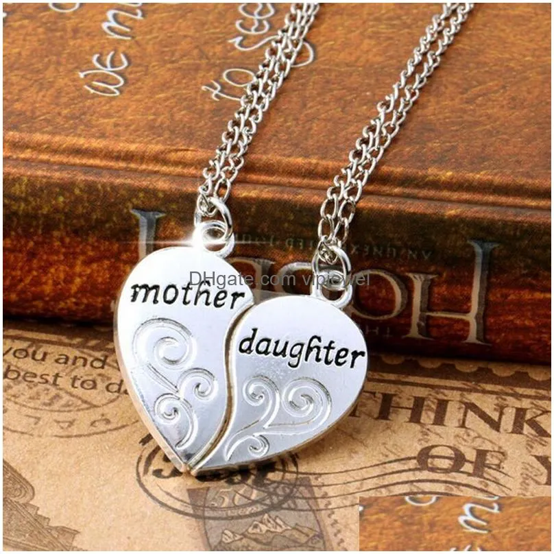 wholesale2pc silver plated mother daughter necklace silver heart love mom necklaces pendants for women jewelry collier femme p1303
