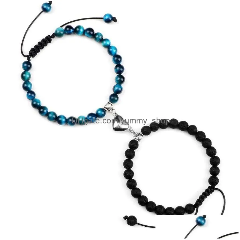 strand 2pcs/set blue tiger eye stone lava bracelets lovers jewelry heart magnet 6 8mm beads bracelet handmade matching couple bangles