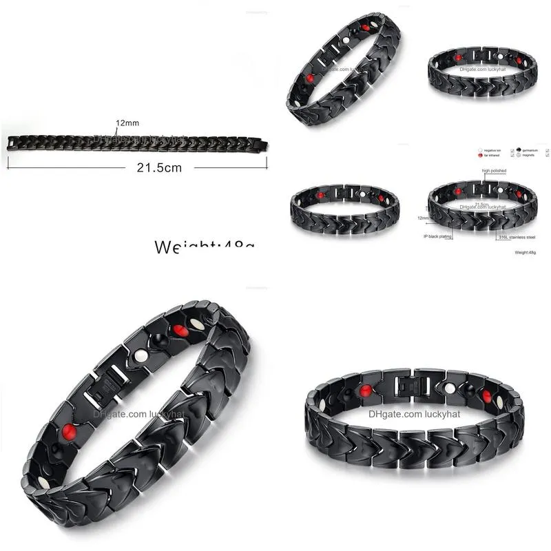 link bracelets unique love heart design natural germanium stone healty magnetic black bracelet for men stainless steel jewelry