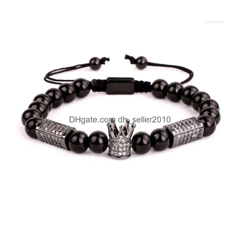 strand luxury men jewelry bracelet cz pave skull crown charm stainless steel beads bangle