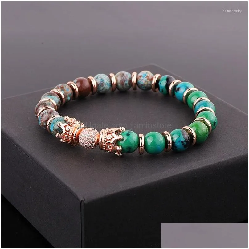 strand drop design natural stone agate jade beads cz pave crown charm custom elastic bracelet women jewelry gift