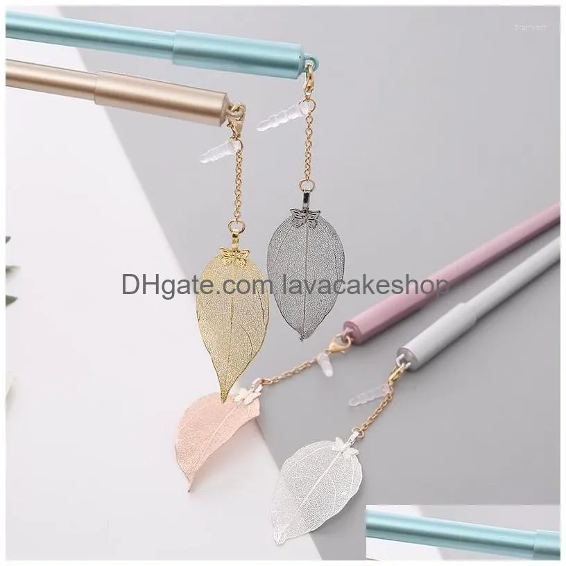 16pcs neutral pen metal real leaf pendant with dust stopper high quality student stationery