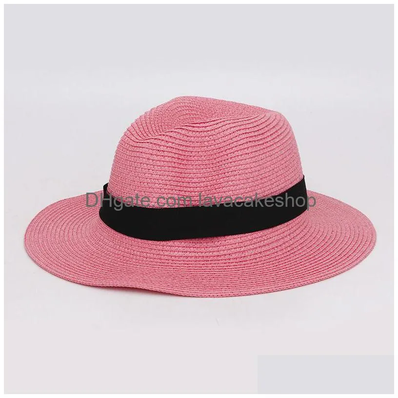 summer casual unisex beach trilby large brim jazz sun hat panama hat paper straw women men cap with black ribbon