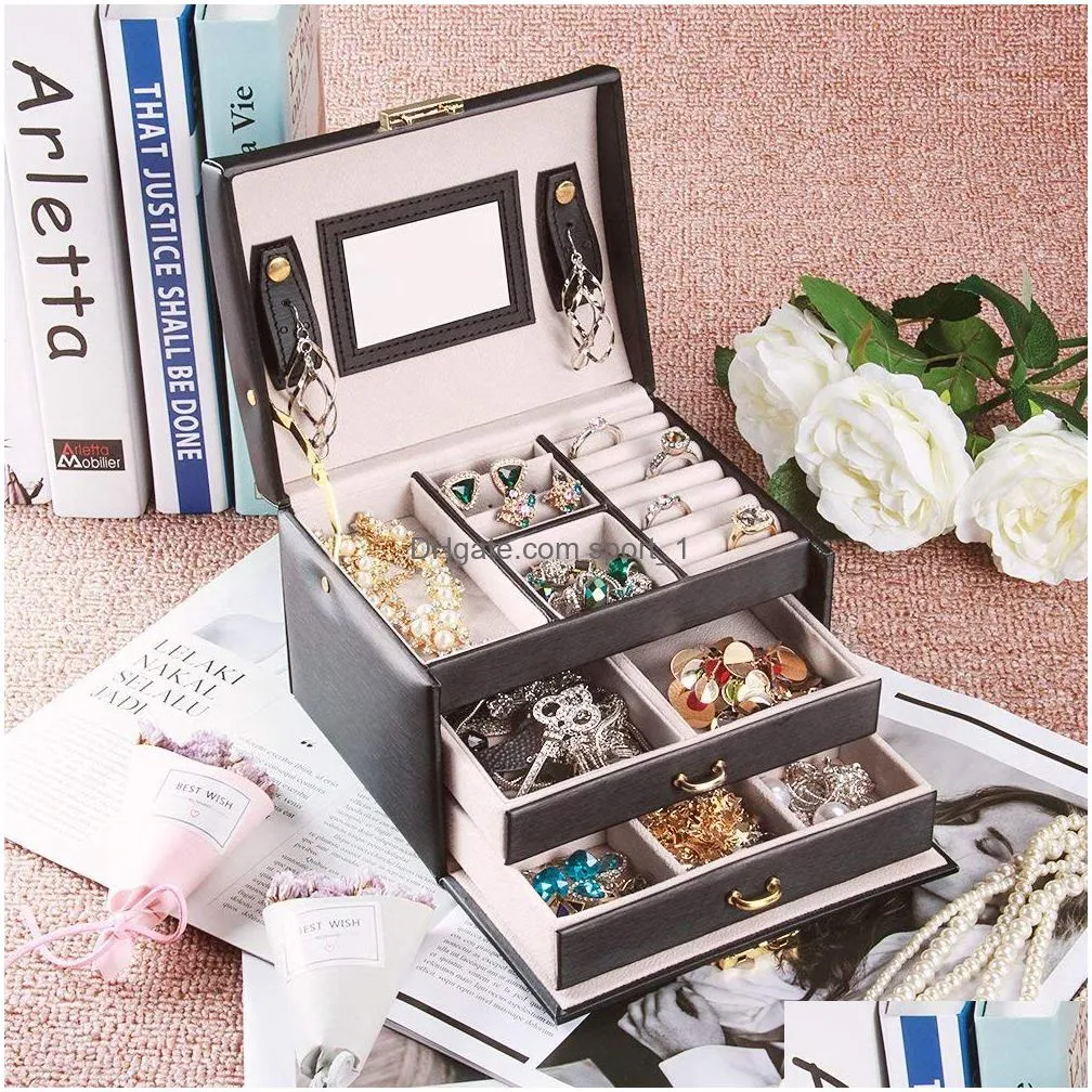 black color pu leather jewelry packaging box with 2 drawers threelayer storage jewelry organizer carrying cases women cosmetic