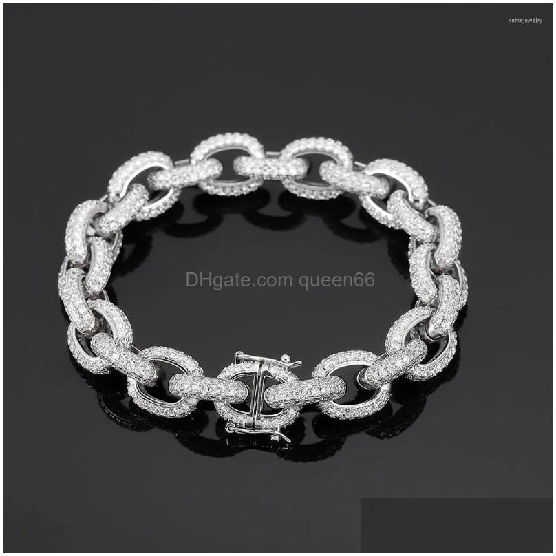 link bracelets 13mm chunky zircon round cuban bracelet mens hip hop jewelry gold color chain bangle 7/8inch