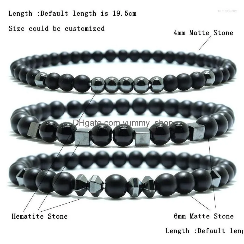 strand 3pcs/set fashion mens bracelet 4/6mm natural matte stone black/gold/silver color hematite beaded braclet homme handmade