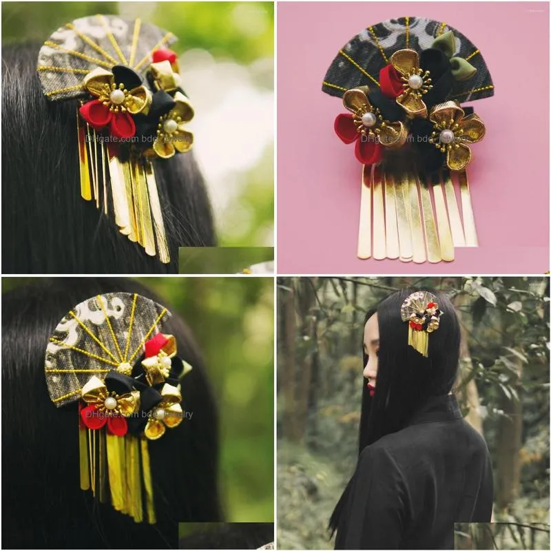 hair clips 2022 japanese style vintage floral sea wave fan accessories pendant black gold twin flowers jewelry
