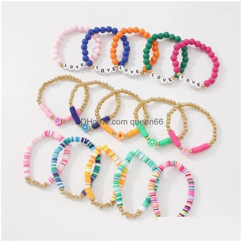 strand lalynnly womens bouncy soft pottery resin simulation pearl love alphabet flowers bracelet female hand chain jewelry gift b1455