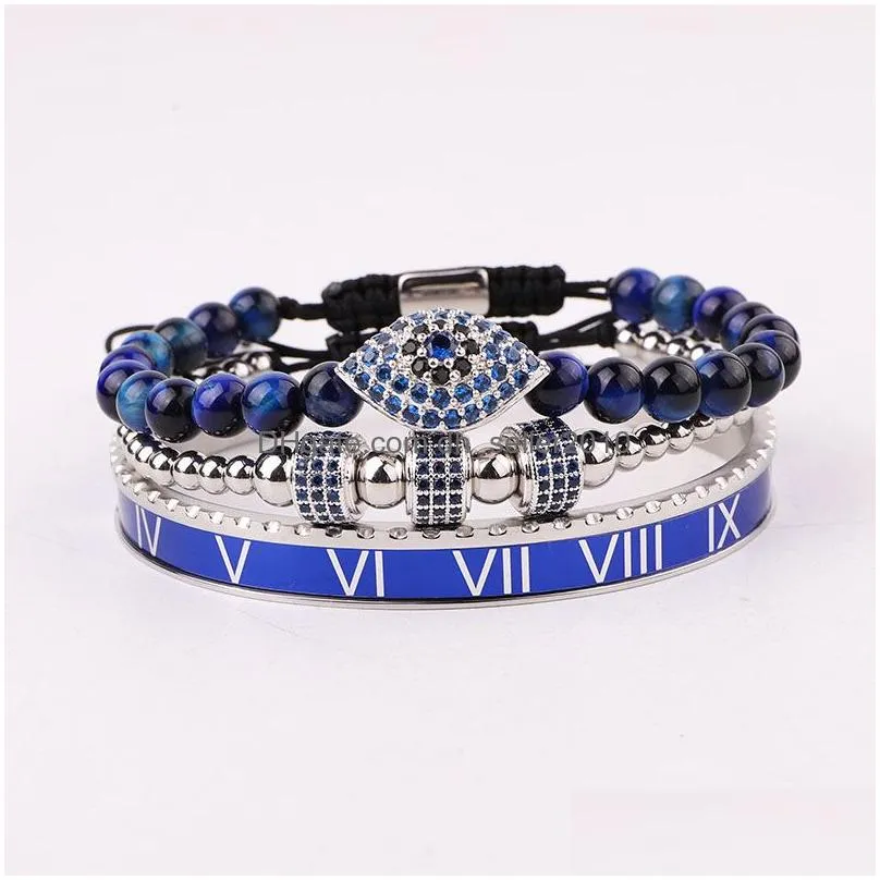 strand high quality luxury blue zirconia stone eye charm stainless steel bangle macrame friendship bracelet set men jewelry gift