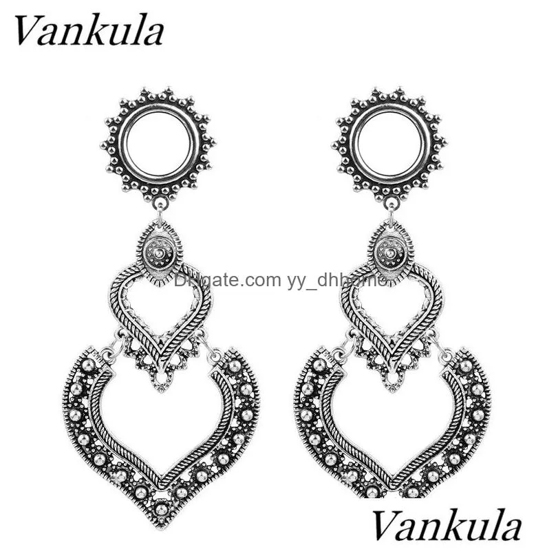 vankula 2pcs double heart dangle ear plug expander tunnel plugs stainless ear gauges stretchers pendant piercing body jewelry