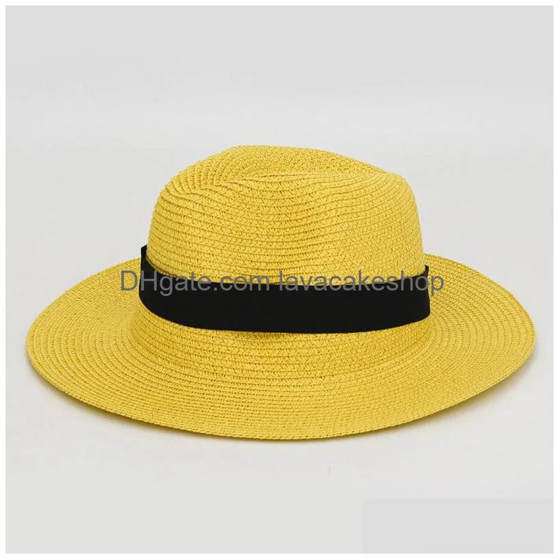 summer casual unisex beach trilby large brim jazz sun hat panama hat paper straw women men cap with black ribbon