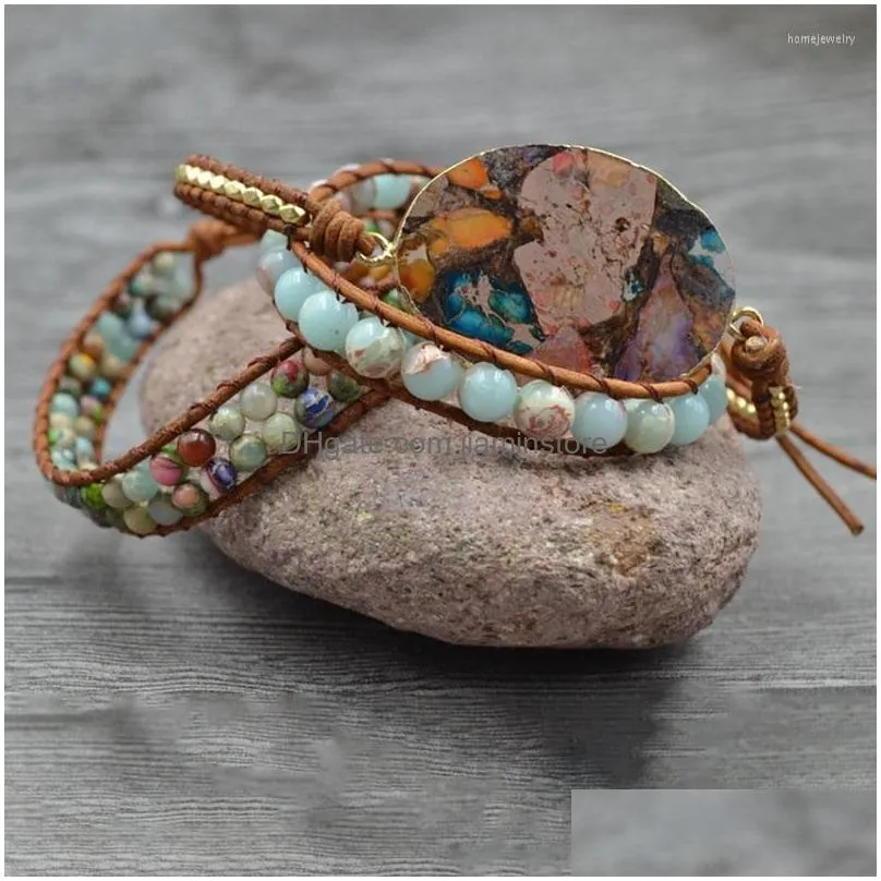 strand joursneige boho bracelets ocean natural stone color crystal retro leather wrap handmade bohemian jewelry