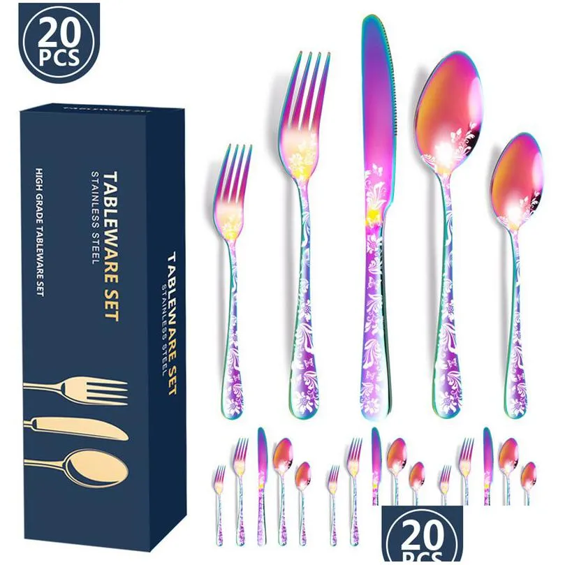 flatware cutlery set 20pcs silverware flowered printed stainless steel tableware set knife/fork/spoon utensil kits