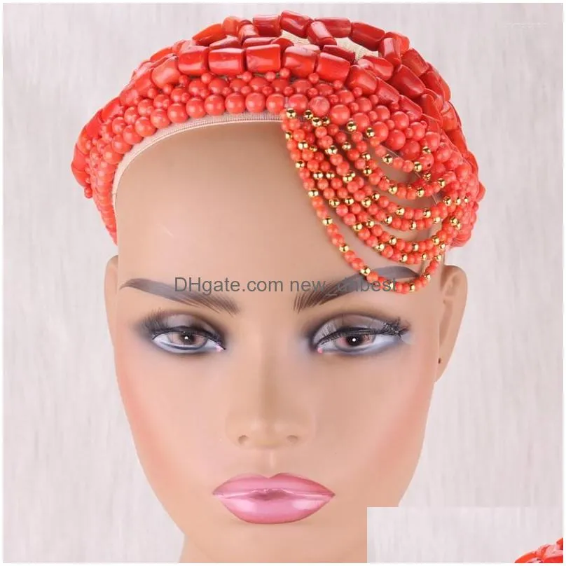 hair clips dudo african coral beads jewelry set cap handmade traditional wedding headpiece for nigerian bride 2022 nature scraft