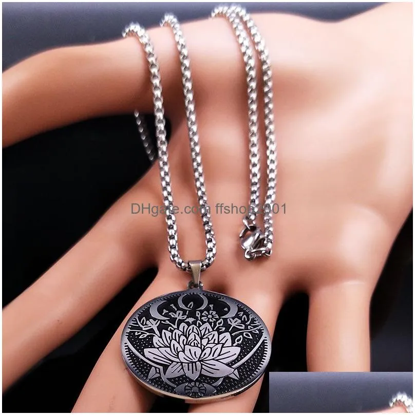 2021 wicca lotus stainless steel chain necklace women black silver color necklaces jewelry joyeria de acero inoxidable n18511