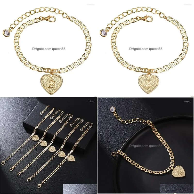 link bracelets 26 alphabet golden heart woman anklet bracelet full name sandy beach fashion foot ring female jewelry accessories