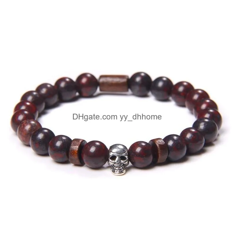 beaded strands mix natural stone skull charm bracelets bloodstone lava tiger eye for men punk cool bracelet bangles jewelry gothic