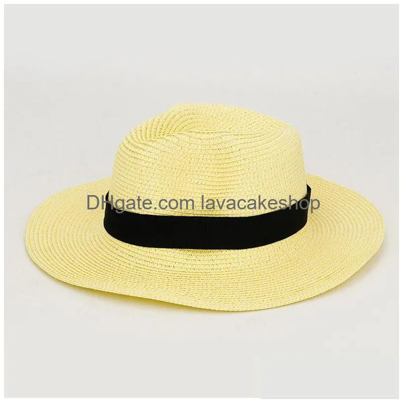 summer casual unisex beach trilby large brim jazz sun hat panama hat paper straw women men cap with black ribbon