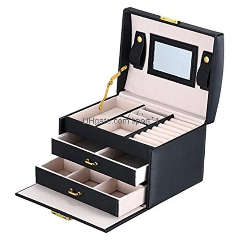 black color pu leather jewelry packaging box with 2 drawers threelayer storage jewelry organizer carrying cases women cosmetic