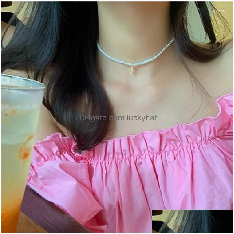 choker elegant cross necklaces white imitation pearl beads clavicle chain necklace for women wedding jewelry collar arrivals