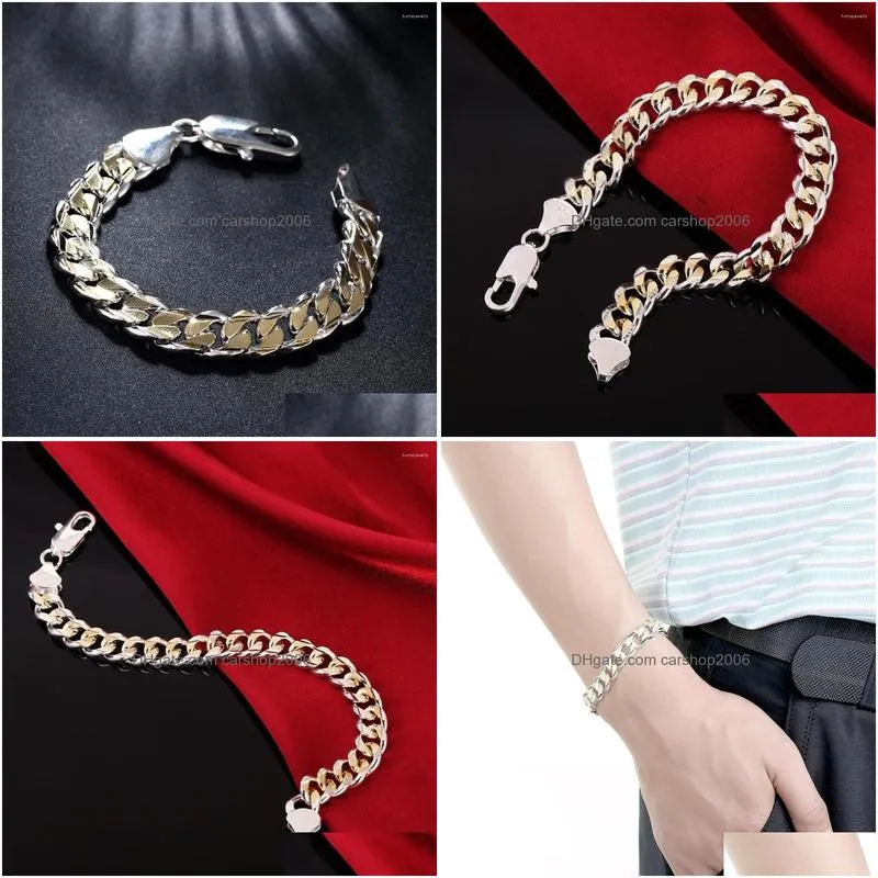 link bracelets fashion classic golden 10mm square chain 925 color silver bracelet for men woman wedding party christmas gift fine