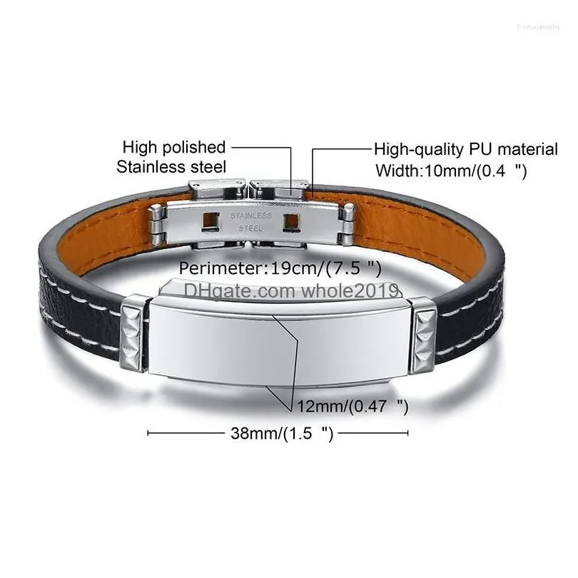 link bracelets men bracelet black leather brazalets stainless steel tag engravable gift for him