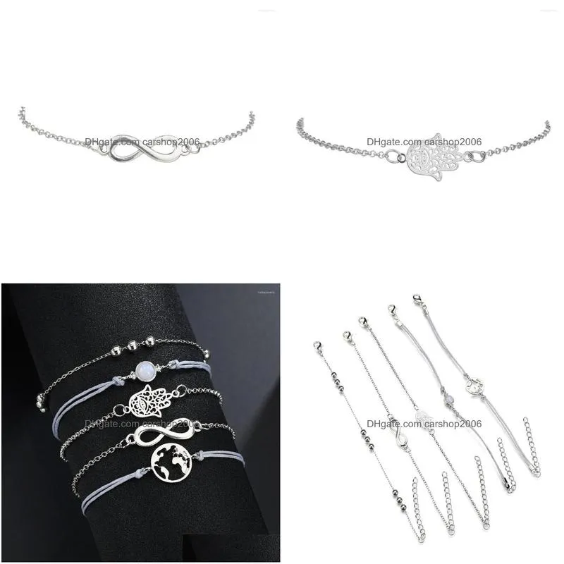 link bracelets drop simple style buddha palm map pearl chain women bracelet vintage silver color handmade rope wrap femme