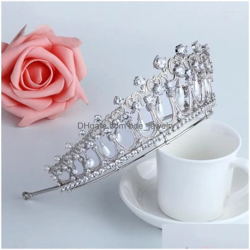 hair clips 3a cubic zircon wedding crown luxury pearl bride accessories for women party jewelry hq0324