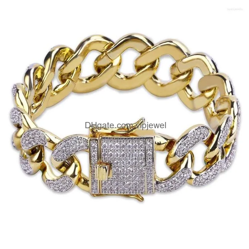 link bracelets 18mm width twisted chain mens cuban bracelet iced out bling cubic zirconia hip hopgold silver color