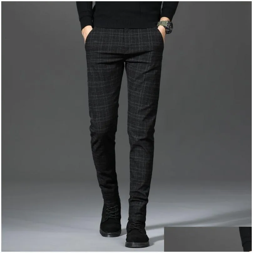 mens pants black plaid trousers spring and autumn fashion slim men gray stripe slacks 2838 pantalones hombre 230307