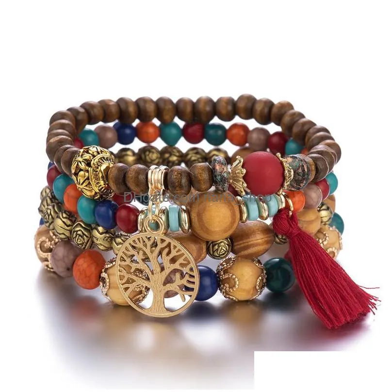 strand 4pcs bohemia tree of life charm beaded bracelet set for women handmade wood beads chain bangle female boho jewelry