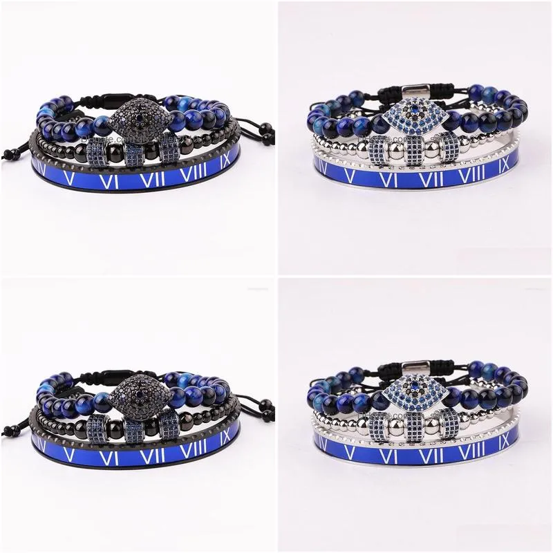 strand high quality luxury blue zirconia stone eye charm stainless steel bangle macrame friendship bracelet set men jewelry gift