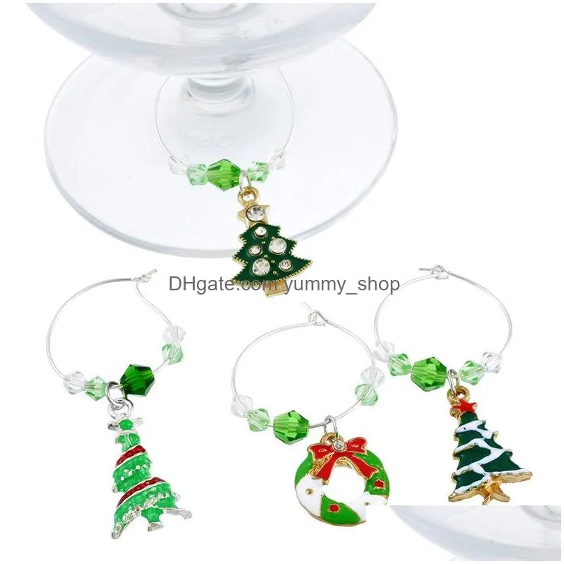 1set/6pcs green enamel wine glass charms metal christmas series charms fit wine marker christmas table decor year gift