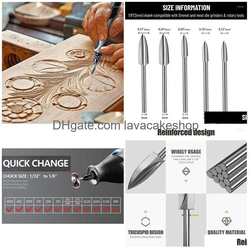 7pcs wood carving bits 1/8inchshank hss engraving drill tool crafts grinding accessories with 4486 chuck