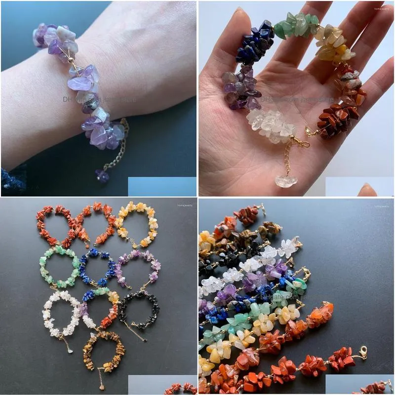 strand 7 chakra irregular chip beads bracelet handmade 14 k goldplated wire wrapped chain women girl tumblestone 1pc