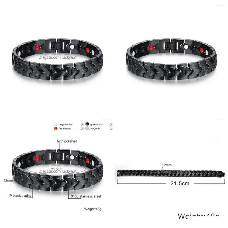 link bracelets unique love heart design natural germanium stone healty magnetic black bracelet for men stainless steel jewelry