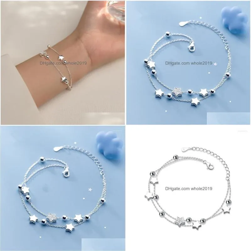 link bracelets fashion double layer chain clear zircon star round bead charm bracelet bangle for women elegant jewelry gift pulseras