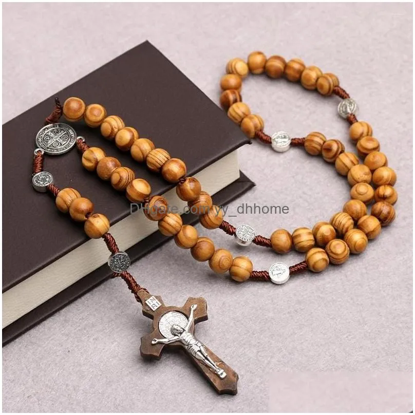 strand 10mm beads wooden cross rosary handwoven catholic bracelet prayer virgin mary blessing chain sacred christian woman man