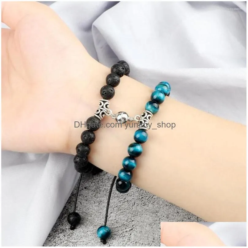strand 2pcs/set blue tiger eye stone lava bracelets lovers jewelry heart magnet 6 8mm beads bracelet handmade matching couple bangles