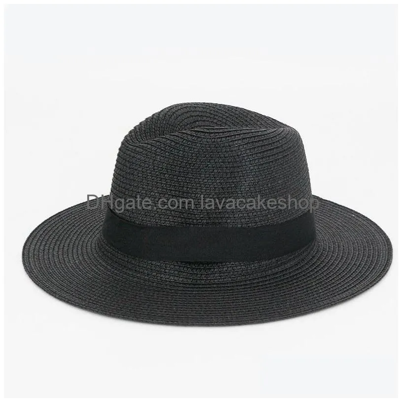 summer casual unisex beach trilby large brim jazz sun hat panama hat paper straw women men cap with black ribbon