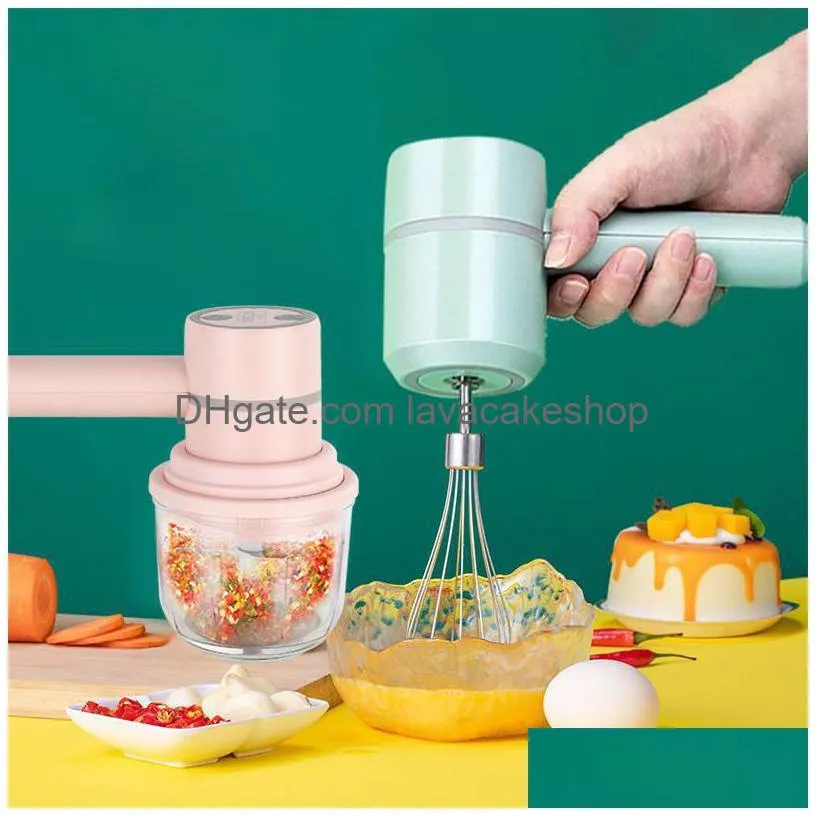 2 in 1 wireless electric garlic chopper masher 3 speeds control whisk egg beater with 2 mixing rods kitchen tools