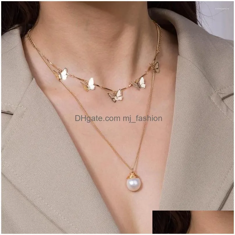 pendant necklaces natural freshwater pearl necklace for women cool clavicle chain golden double butterfly fashion wedding