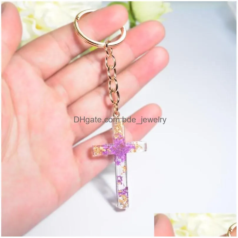 keychains creative cross charms resin filling dried flowers key holder for women souvenir gift car keyring accessories