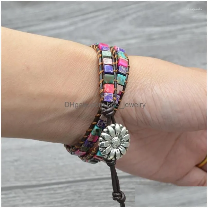 strand joursneige hand weaving boho bracelets color square natural stone single leather wrap cuff vintage bracelet jewelry