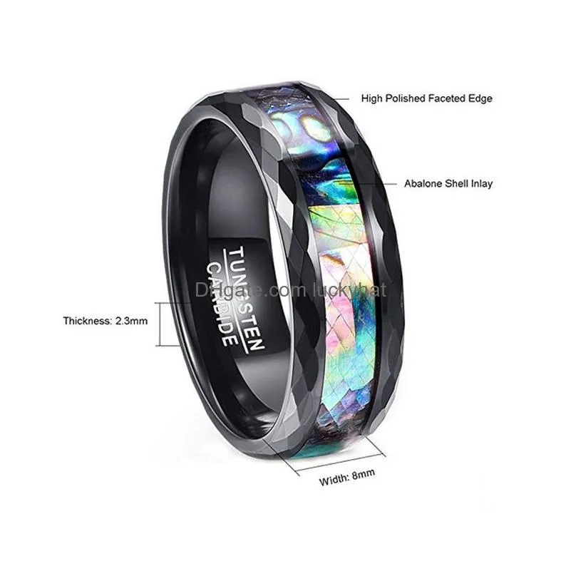 nuncad 8mm mens abalone shell polished black faceted tungsten carbide rings wedding bands size 712
