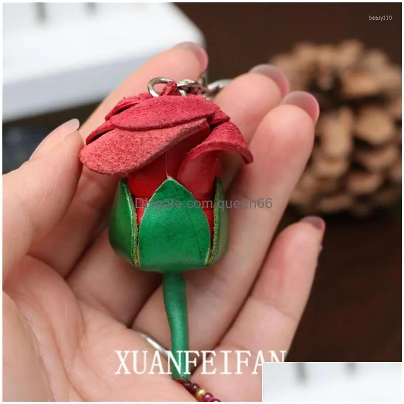 keychains first layer cowhide leather creative rose flower car keychain bag charm accessory couple jewelry pendant birthday gift